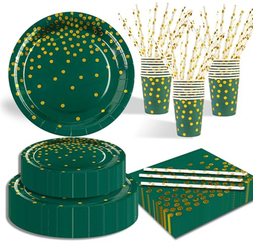 125 Stück Dunkelgrün und Gold Partygeschirr Party Set，Happy Birthday Partygeschirr Set，25 Gäste Pappbecher Pappteller Servietten Trinkhalme Papier für Party Geburtstag