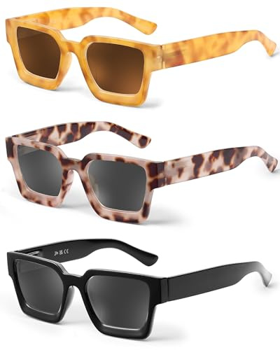 JM 3 Pack Gafas de sol cuadradas de lectura, gafas de sol de moda para las mujeres hombres lentes completas bisagras de resorte +0.0