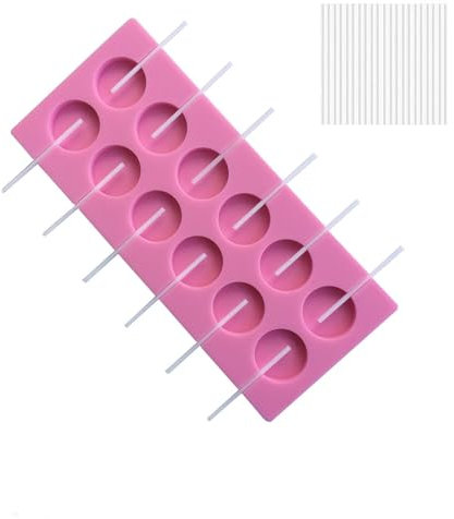 Moldes de Silicona para Piruletas,12 Mold Forma Redonda Silicona Lollipop con 50 Palitos Caramelo,Moldes de Lollipop Moldes de Chocolate Redondo Rosa para Tartas,Caramelos,Gelatinas y Chocolate