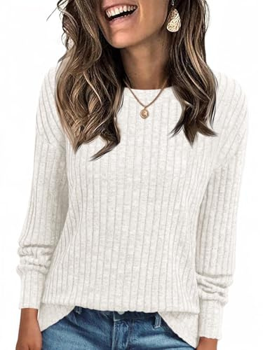 Cicy Bell Damen Langarmshirt Leichte Strickpullover Henley Shirt Dressy Casual Rundhals Sweatshirt Loose Fit Tunika Tops,Weiß,M