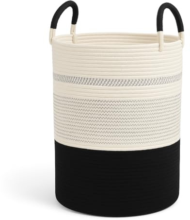 Wäschekorb aus gewebtem Baumwollseil mit Griff, Wäschekorb, Aufbewahrungskorb, hoher runder Aufbewahrungskorb, Schlafzimmer, Kinderzimmer, Waschküche, Badezimmer, Durchmesser 40cm x 55cm, Schwarz-Weiß