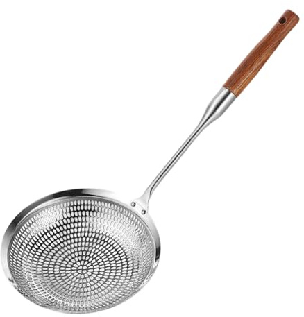 Colador Spider cuchara espumadera de acero inoxidable con mango largo de madera de pera utensilio de cocina multiusos para cocinar escurrir y freír.