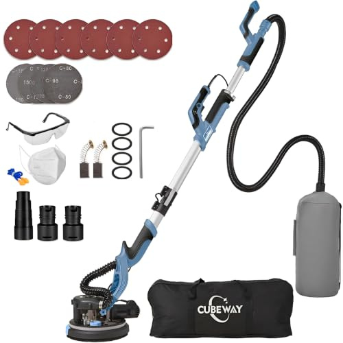 CUBEWAY Smerigliatrice per cartongesso con LED e manico telescopico, levigatrice da soffitto con aspirazione, 750 Watt, smerigliatrice da parete con Ø 214 mm, include 10 dischi abrasivi, 7 marce (blu)