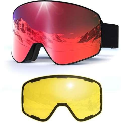 Skidglasögon för män och kvinnor, YH212 magnetiska snowboardglasögon anti-dimma OTG UV-skydd skidglasögon snöglasögon för skidåkning vintersport (svart ram – helrevo röd VLT 16 % gula glas 78 %)