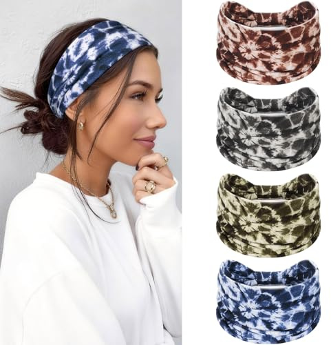 Loiluliy Pannband för Kvinnor, 4-pack, Elastiska Hårband med Blommönster, Flerfärgade, 15 cm Breda, för Yoga, Sport och Fitness (Grön, blå, grå, brun)