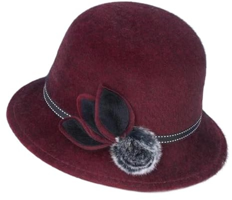 XUCZHAI Fedora Enfärgad filthatt för kvinnor, elegant vintage-hatt med tofs, blommor, kant, höst- och vintermössa (röd)