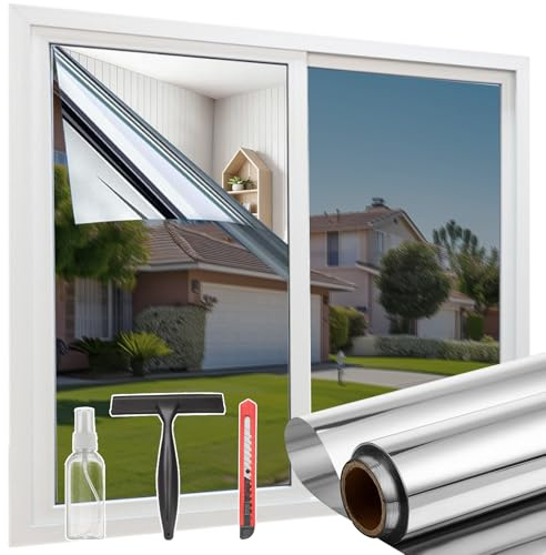 aboveBED Spiegelfolie Fenster Sichtschutz 90X200, Selbstklebende Fensterfolie Sonnenschutz für Innen & Außen, UV-Schutz & Hitzeschutz, Silber, ideal für Schlafzimmer & Büro