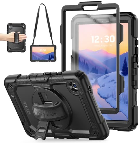TECHGEAR Utility Case for Samsung Galaxy Tab A11 8.7 (SM-X130 / SM-X135) - Rugged Heavy Duty Shockproof Armour Case, 360 Rotating Stand, Hand Strap & Detachable Shoulder Strap - Black