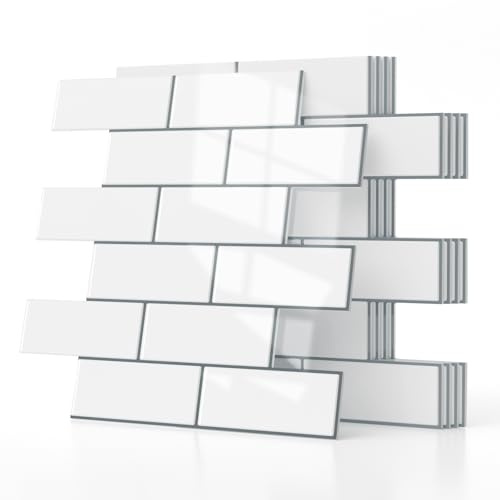 WADILE 3D Selbstklebende Wandfliesen, 5er Set Aluminium-Folie Schaumstoff-Paneele, Wasserdichte PVC Wandaufkleber für Küche & Bad, Weiße Backsteinoptik Wandverkleidung