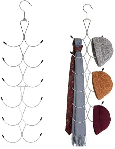 Porte-écharpes avec 12 compartiments, organisateur d'écharpes, cintre avec crochet rotatif à 360 °, porte-cravates pliable, rangement de sac pour foulards, écharpes, ceintures, sac à main et casquette