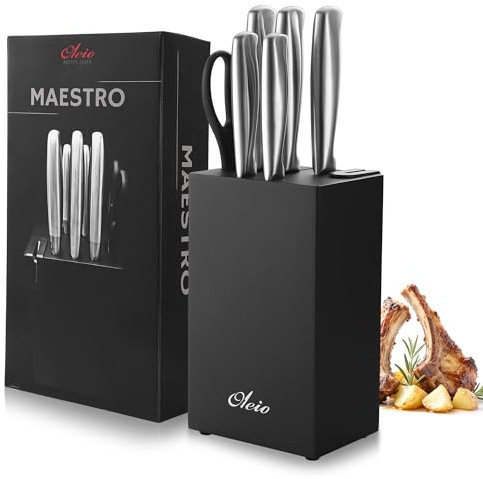 OLEIO Maestro Messerblock-Set mit 5 Edelstahlmessern und Küchenschere | Chefmesser, Brotmesser, Santoku, Allzweckmesser und Officemesser; schwarzer Akazienholzblock mit integriertem Messerschärfer