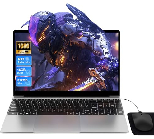 Ordinateur Portable 15,6 Pouces, 16Go DDR4 RAM 512Go SSD, CPU N95 (jusqu’à 3,4 GHz), Clavier Rétroéclairé + Pavé Numérique, USB-C Charge, Win 11 PC portable, Souris+Clavier silicone AZERTY film Incl