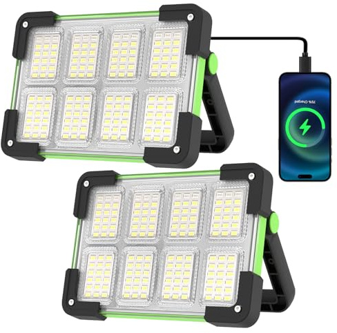 OHAYORI Foco LED Recargable, Luz de Trabajo Portátil USB de 4 Modos, 6000 mAh Banco de Energía, Verde Lampara LED Recargable Solar Impermeable para Acampar, Pesca, Garaje, Emergencia (2 piezas)