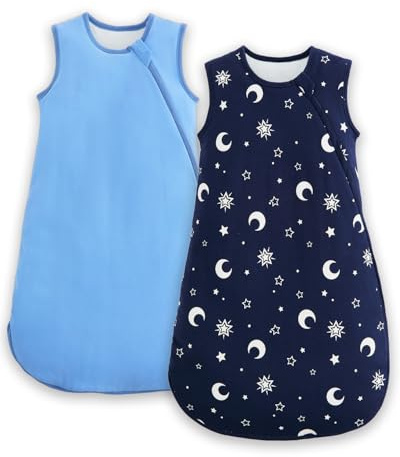 JiAmy 1.0 TOG Baby Schlafsack 2er Pack mit J-förmigem Doppelreißverschluss, Baumwoll Babyschlafsack für Navy Stern 0-6 Monate
