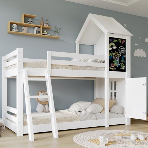 Mrwoo Kinderbett 90x200 cm, Etagenbett mit Fenster und Dach & Tafel, Hochbett mit Treppe, Rausfallschutz Geländer, Holzlatten, Kiefer+MDF+PB+Sperrholz, Weiß (Ohne Matratze)