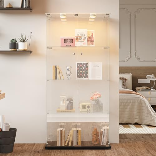 Glasskåp med LED-belysning, 4 nivåer, 2 dörrar, glasskyltfönster, 163 x 78 x 35 cm, glasskåp för vardagsrum, sovrum, kontor, svart (A/35 x 78,5 x 163 cm)