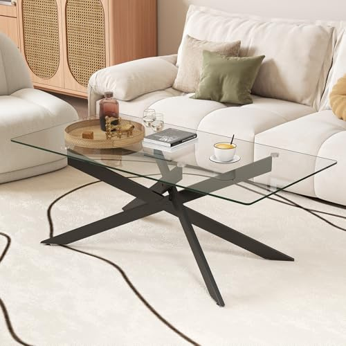 COSTWAY Table Basse Verre Axis, Table Basse Salon Transparente, Plateau Rectangulaire, Pieds Tubulaires en Métal, Design Moderne, pour Appartement, Maison, 120 x 60 x 45,5 cm