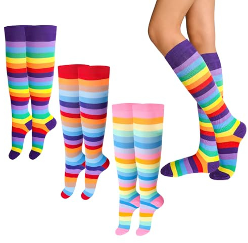 3 st randiga overknees strumpor dam färgglada, knästrumpor overknees strumpor dam, regnbåge överknästrumpor, elastiska långa randiga strumpor, overknee för karneval kostym fest cosplay