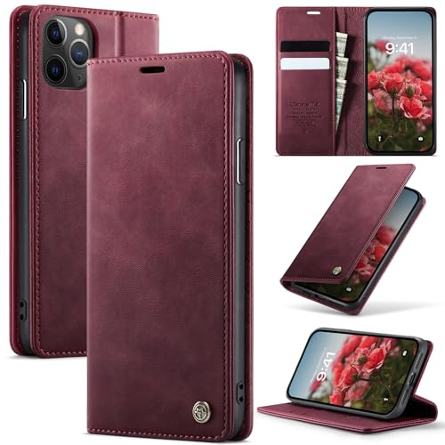 Cracedily Handyhülle für iPhone 11 Pro Hülle Premium PU Leder Klappbar Stoßfeste Tasche Flip Case [RFID Blocker] Magnet Kartenfach Standfunktion Klapphülle Schutzhülle für iPhone 11 Pro, Rot