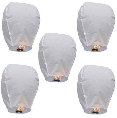5 Pack Chinese Lanterns Paper Lanterns Lanterns to Release in Memory Lanterns for Outside Chinese Sky Lanterns No Assembly Required Flying Sky Lanterns for Wishing, Wedding, Birthday, (White）