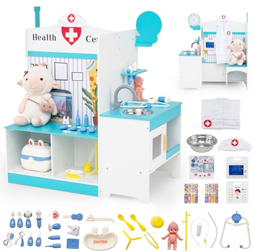 GYMAX Kids Doctor Play Set, Toy Medical Center with ECG Monitor, Body Parts Diagram, Faucet, Sink, Clock and 27 Accessories, Wooden Pretend Hospital Playset for 3+ Years Old (Blue+White)