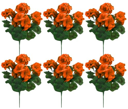 Bemonew Gerani artificiali realistici, 6 gerani artificiali, 35,5 cm, fiori arancioni vivaci con steli e foglie, piante di geranio finte, per casa, giardino, cortile, patio