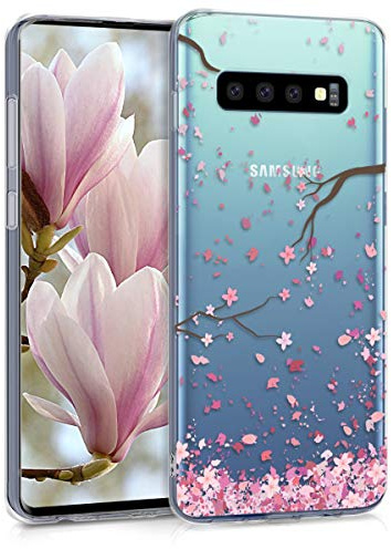 kwmobile Custodia Compatibile con Samsung Galaxy S10 - Cover Silicone TPU - Protezione Back Case - Pioggia di petali rosa/marrone scuro/trasparente