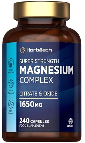 Magnesium Citrate Capsules | 1650mg High Strength Complex with Oxide | 500mg Elemental Magnesium | 4 Months Supply | 240 Vegan Capsules (Not Tablets) | High Absorption | by Horbaach