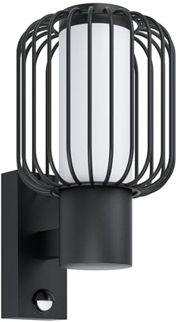EGLO Außen Wandlampe Ravello, 1 flammige Außenleuchte mit Bewegungsmelder | und Licht-Sensor, Wandleuchte aus verzinktem Stahl in Schwarz und Kunststoff in Weiß, Außenlampe mit E27 Fassung, IP44
