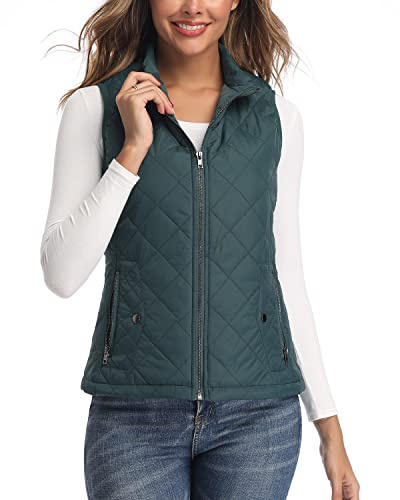LONGKING Damen Weste Leicht Stehkragen Weste Steppweste mit Reißverschluss Ärmellose Oberteile Tops Coat Jacke Outdoor Grün S