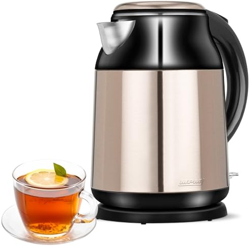 MPM MCZ-91M Bouilloire Électrique Capacité 1,7 Litre, Acier Inoxydable sans BPA, Arrêt Automatique, Résistance Cachée, sans Fil à 360º sans Câble, Filtre à Chaux, 2000W