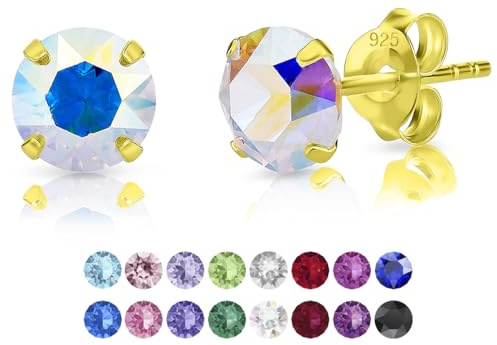 Pendientes Mujer Plata de Ley 925 Chapados Oro 24K con Brillantes de Cristal Aurora Boreal 6 mm - Pendientes de Botón Oro - Clásicos, Elegantes, Dorados y Hipoalergénicos