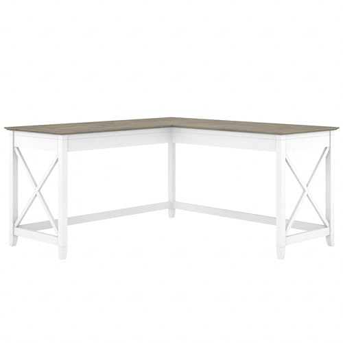 Bush Furniture Key West Modern Farmhouse L-Shaped Desk L Desk for Home Office in Pure White and Shiplap Gray 60W Corner Desk