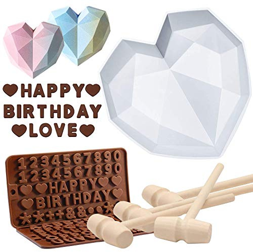 Heart Molds for Chocolate 8.7 Inch large Silicone Cake Mold, 2 PC Silicone Letter Mold and 4 PC Hammer for Valentine Candy Mousse Cake