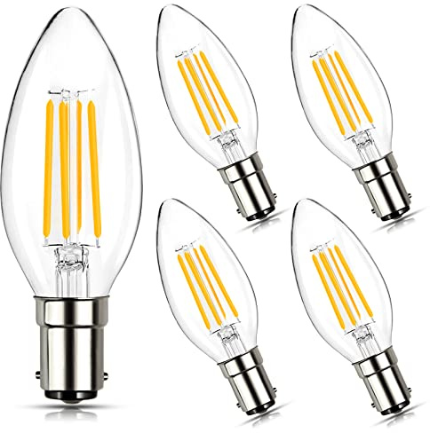 BRIMAX B15 LED Filament Candle Bulbs, C35 4W Small Bayonet Light Bulb, C35 Clear Glass Bulb, AC220-240V, Equivalent to 40W, 2700K Soft Warm White Dimmable Candelabra Bulb, 5 Pack