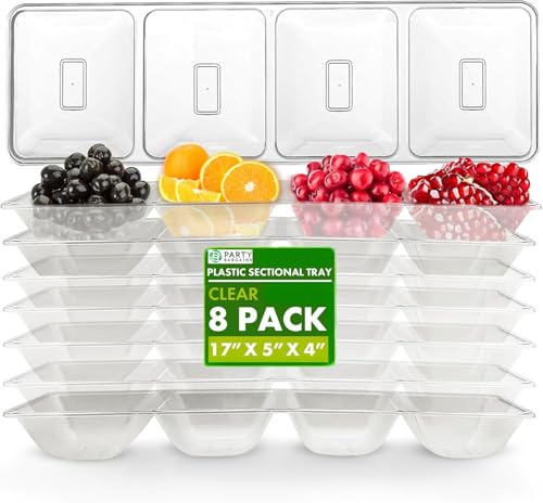 Party Bargains Disposable Sectional Rectangular Serving Tray Clear [8 Pack] 5 x 16 Inches. 4 Compartments Plastic Serving Tray for Weddings, Buffets, Dinner, Birthday Parties