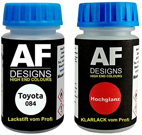 Alex Flittner Designs Stylo de retouche compatible avec Toyota 084 White + Set de peinture automobile comprenant vernis transparent et peinture de base, 50ml chacun