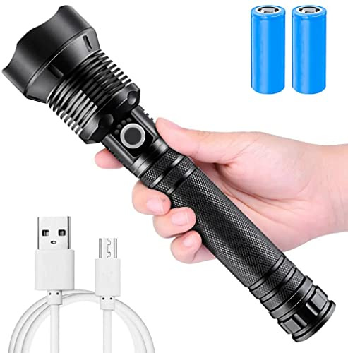 JJ ORCHARD Torce LED ricaricabili ad alta lumen, 20000 lumen, super luminosa, Zoomable impermeabile, con batterie incluse e 3 modalità, potente torcia portatile per emergenze in campeggio