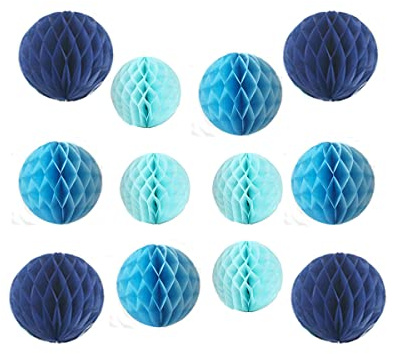 12pcs Party Honeycomb Balls Decorations 4'' 8'' 10'' Honeycomb Ball Flower Tissue Pom Poms Flower Balls Hanging Flower Balls for Baby Shower Birthday Wedding Nursery Decor(4'' 8'' 10'' Blue Kit)