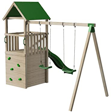 MASGAMES | Tour Tibidabo avec toit en toile | Usage domestique | Bois traité extérieur | (maison + mur d'escalade + balançoire double)