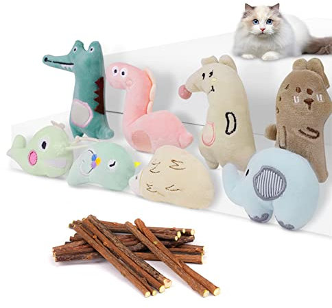 vsshe Katzenminze Spielzeug, 8 Stück Katzenminze Kissen Mit 20 Stück Matatabi Stick Katze Katzenminze Weiches Plüsch Spielzeug Katze Katzenspielzeug Set aus Katzenkissen Interaktives Kauspielzeug