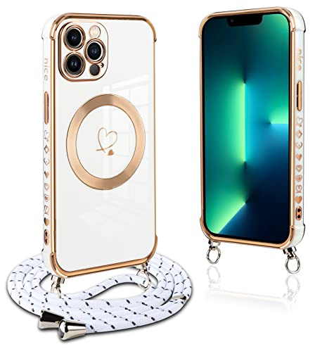Pnakqil Handykette für iPhone 13 Pro Max Hülle mit Band, Handyhülle Ultra Dünn Silikon Magnetisch mit Herz Love Muster Schutzhülle mit um Umhängen Kordel für iPhone 13Pro Max 6.7 Zoll, Stoßfest, Weiß