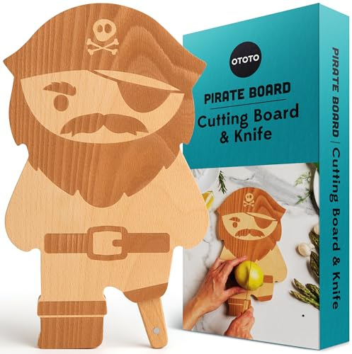OTOTO - Juego de tabla de cortar y cuchillos piratas - Tablas de cortar de madera para cocina - Regalo de inauguración de la casa, pequeña tabla de cortar de madera, divertidos utensilios de cocina,