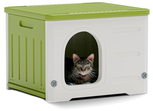 Plastic Cat House for Outdoor Indoor Use, Stackable Feral Cat Shelter Indoor Cat House Weatherproof Waterproof Elevated (Green)