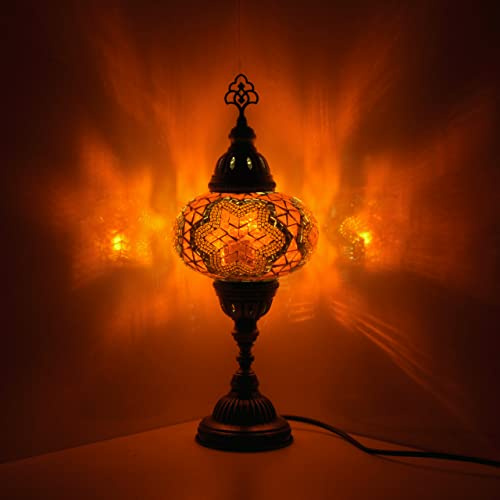 10 Variation Mosland Home Turkish Lamp Mosaic Table Lamps | Turkish Moroccan Lamp with Bronze Base | Handmade Tiffany Night Lamp | Mosaic Glass Bedside Night Lamp with Led Bulb (Orange)