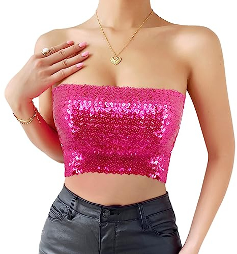 Naimo Damen Glitzer Pailletten Crop Top Schulterfreies Bandeau Tube Top Sparkle Trägerlos Tops Bluse Party Rave Oberteil