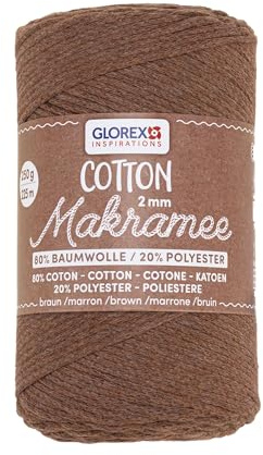 GLOREX 5 1008 31 - Makramee Cotton 2 mm, 250 g, Braun, Länge 225 m, dreifachgedrehtes Baumwollgarn, 100 % Baumwolle, zum Häkeln, Stricken, Knüpfen und Gestalten