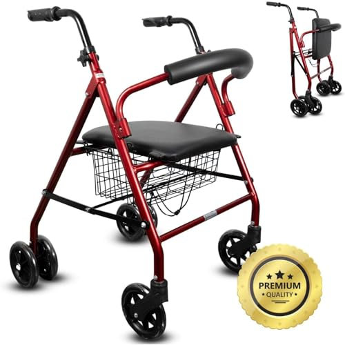 OrtoPrime Andador para Ancianos ROLLATOR de 4 Ruedas Plegable con Frenos a la Carga - Andador Ortopedia - Andadores adultos FRENO POR PRESIÓN - Caminadores para Mayores Andador con ASIENTO y CESTA