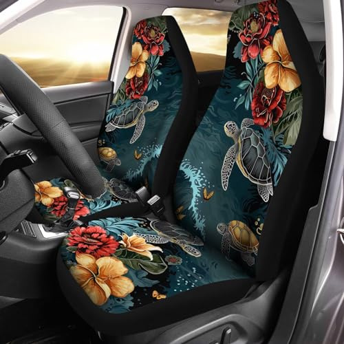 gearider Aquarell Hawaii Schildkröte Blumendruck Autositzbezüge, 2 Stück Autositzbezug für vorne, universelle elastische Fahrzeugsitz-Kissen, Auto-Innenschutzzubehör für Frauen