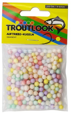 Troutlook Auftriebs-Kugeln – Styroporkugeln für Forellenköder – Mix-Farben – Erhältlich in 2.5mm bis 9mm – Auftriebshilfe für Teig, Bienenmaden & Naturköder – Forellen-Zubehör